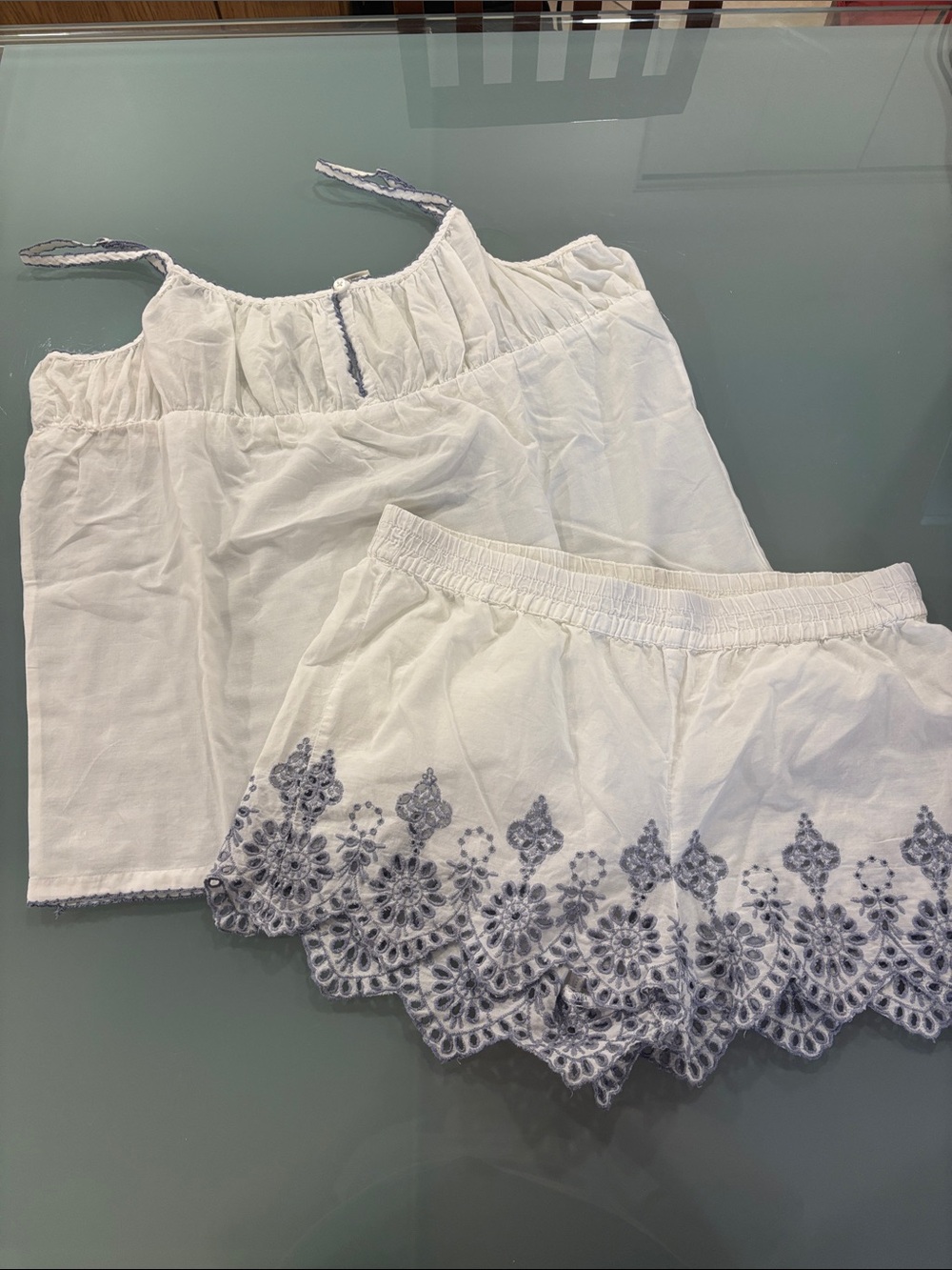 Artisan Ny White Two-Piece Eyelet Embroidered Sleep Set with Gray-Blue Trim